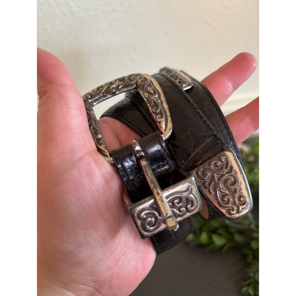 Brighton Embossed Black Leather Belt With Silver-Toned Scroll Buckle Women - Picture 8 of 13